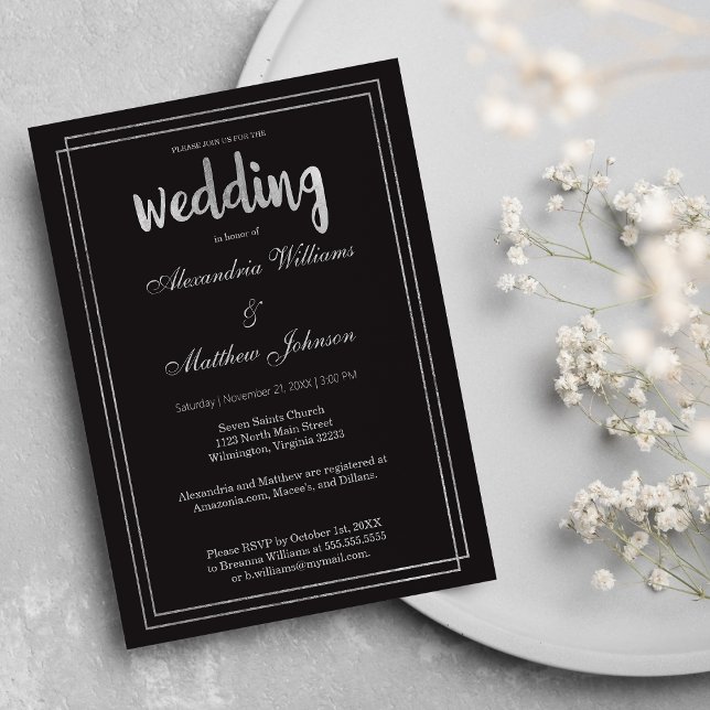 Minimal Modern Elegant Chic Black Silver Wedding Invitation Postcard (Minimal Modern Elegant Chic Black Silver Wedding )