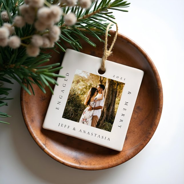 Minimal Modern Engaged & Merry 2 Photo Engagement Ceramic Ornament (Minimal Modern Engaged & Merry 2 Photo Engagement Ceramic Ornament)
