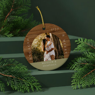 Minimal Modern Engaged & Merry 2 Photo Engagement Ceramic Tree Decoration