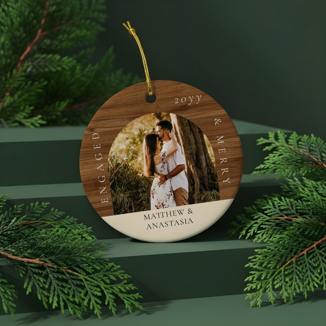 Minimal Modern Engaged & Merry 2 Photo Engagement Ceramic Tree Decoration (Minimal Modern Engaged & Merry 2 Photo Engagement Ceramic Ornament)