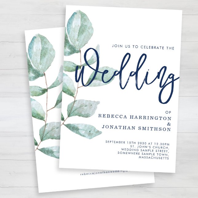 Minimal Modern Eucalyptus Green Navy Blue Wedding Invitation (Creator Uploaded)