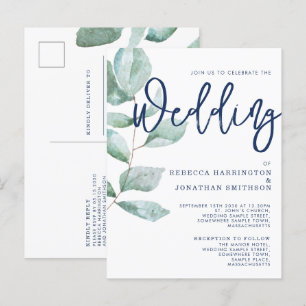 Minimal Modern Eucalyptus Green Navy Blue Wedding  Postcard