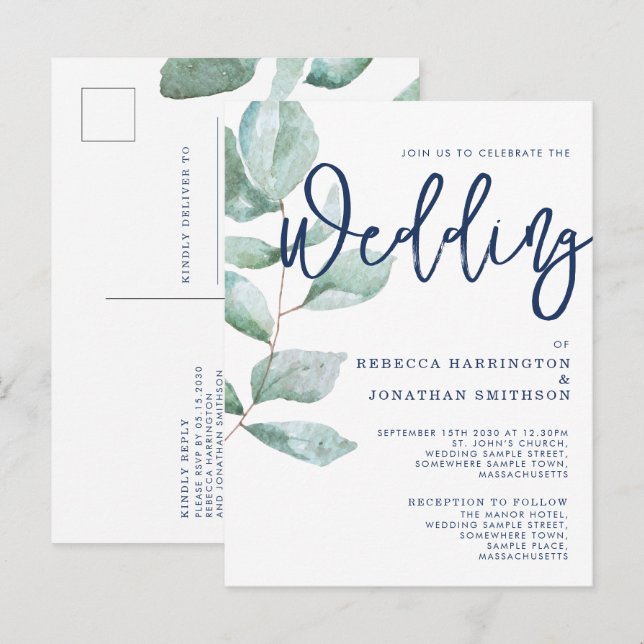 Minimal Modern Eucalyptus Green Navy Blue Wedding  Postcard (Front/Back)