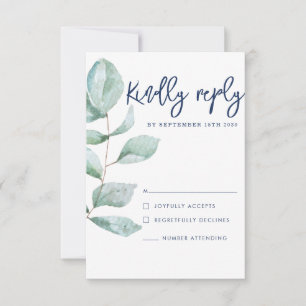 Minimal Modern Eucalyptus Navy Blue Wedding RSVP