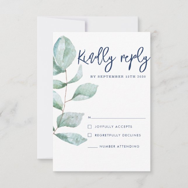 Minimal Modern Eucalyptus Navy Blue Wedding RSVP Card (Front)