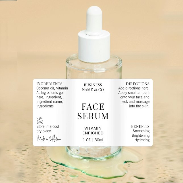 Minimal Modern Face Serum 1 OZ Bottle Waterproof (Modern cosmetic bottle wrapper style waterproof label with fully editable text and colors)