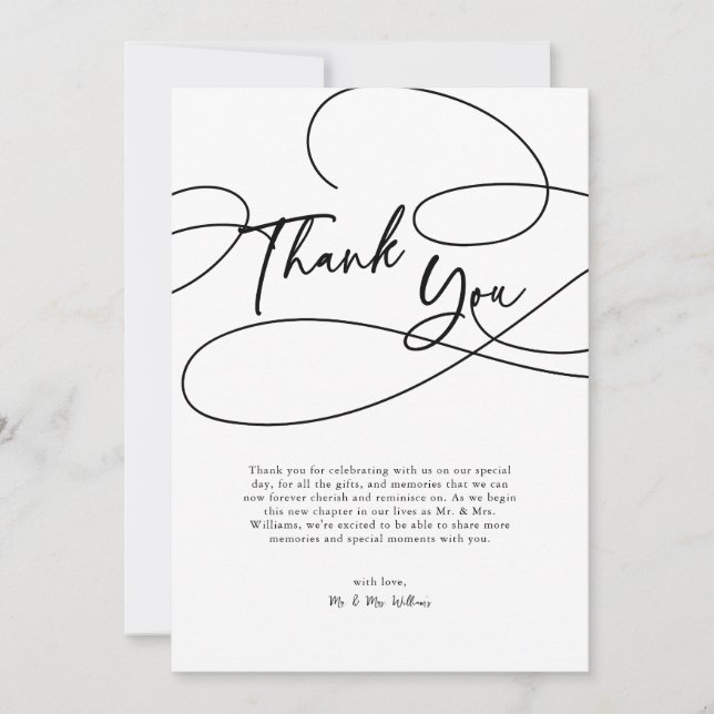 Minimal Modern Fancy Script "Thank You" Wedding  Thank You Card (Front)