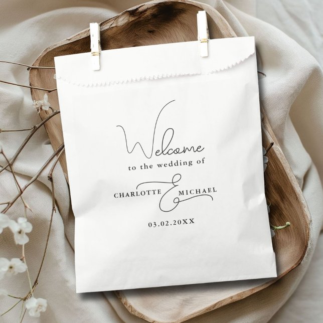 Minimal modern favour bags (Minimal modern wedding favor bag with your name and date.)