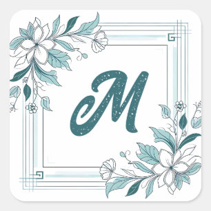 Minimal Modern Floral White and Green Monogram Square Sticker