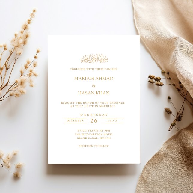 Minimal Modern Formal Gold Script Muslim Wedding Invitation (Creator Uploaded)