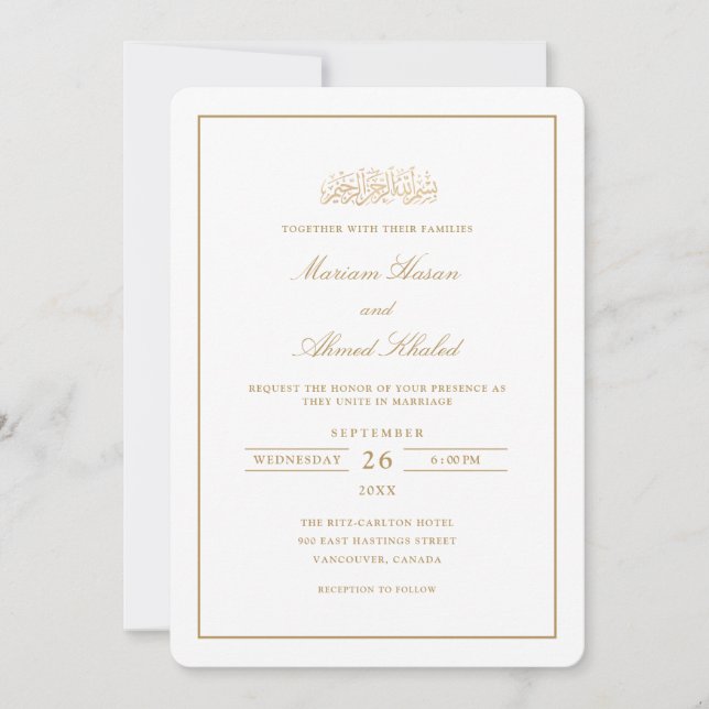 Minimal Modern Frame Gold Script Muslim Wedding Invitation (Front)