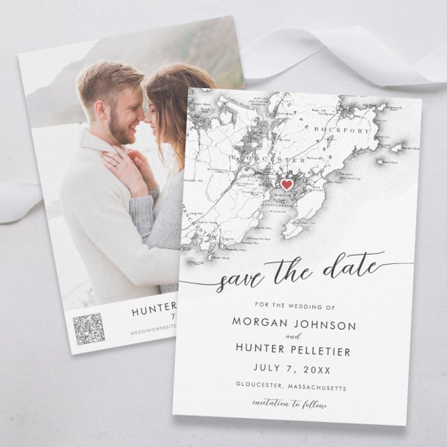 Minimal Modern Gloucester Massachusetts Map Save The Date (Gloucester MA minimal modern wedding save the date in black and white from Coastal Map Designs )