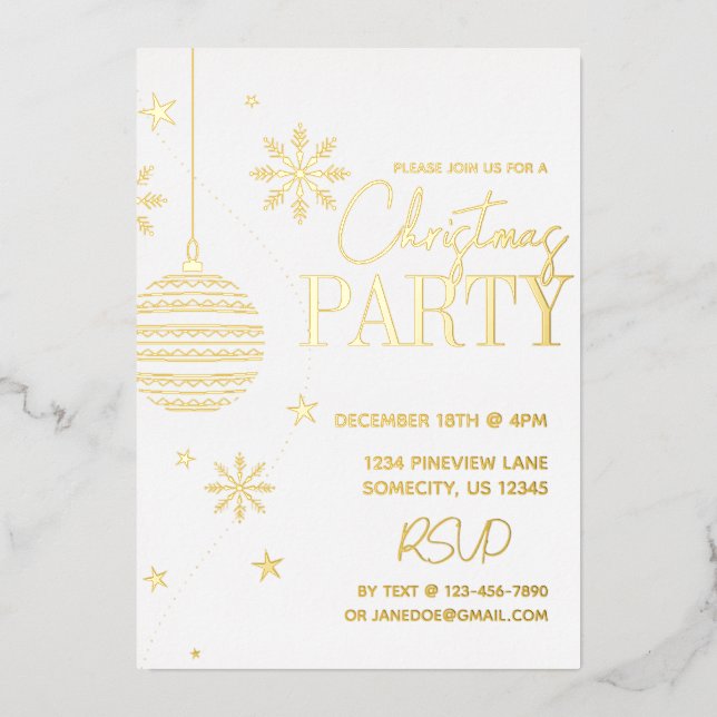 Minimal Modern Gold and White Christmas Party  Foil Holiday Card (Front)