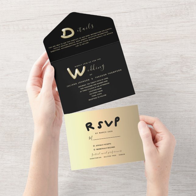 Minimal Modern Gold Calligraphy Black Wedding All In One Invitation (Tearaway)