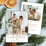 Minimal Modern Gold Script 2 Photo Merry Christmas Holiday Card<br><div class="desc">Minimalist Elegant Gold Script 2 Photo Merry Christmas Script Holiday Card. This festive, modern simple, two (2) photo holiday greeting card template featuring „Merry Christmas” text in a whimsical hand lettered whimsical swirly swash-tail font calligraphy script gold colour photo overlay. On the back side with your greeting message template with...</div>
