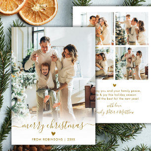 Minimal Modern Gold Script 5 Photo Merry Christmas Holiday Card