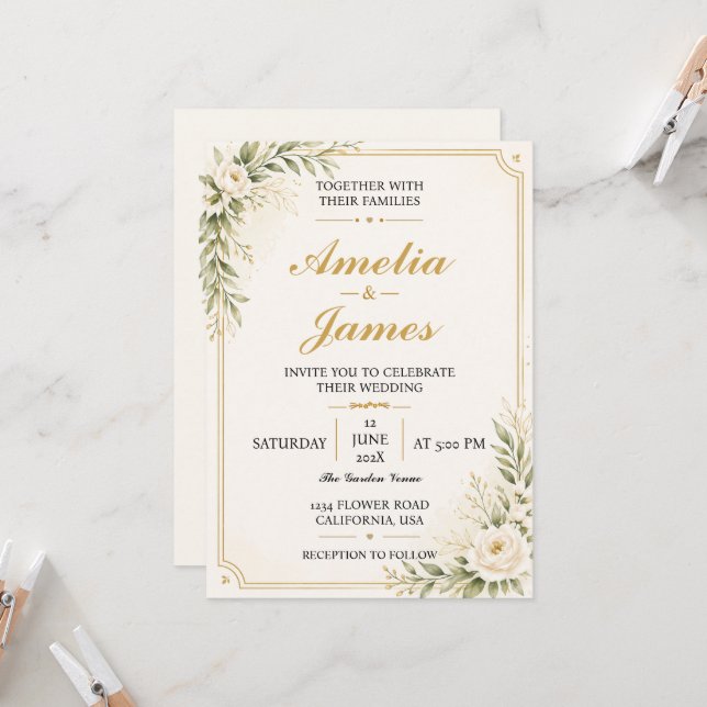 Minimal Modern Gold Wedding Invitation Elegant  (Front/Back In Situ)