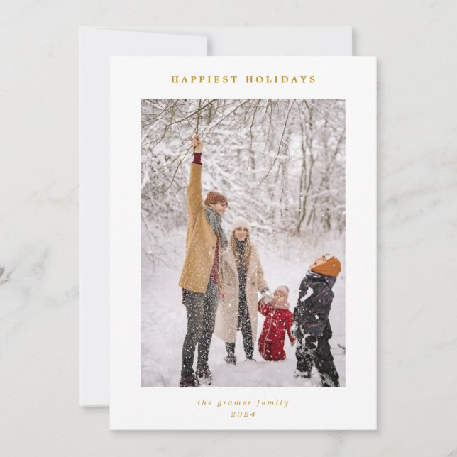 Minimal Modern Gold White Happiest Holidays Photo Holiday Card (Front)
