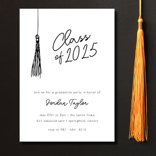 Minimal Modern Graduation Party Tassel Black White Invitation
