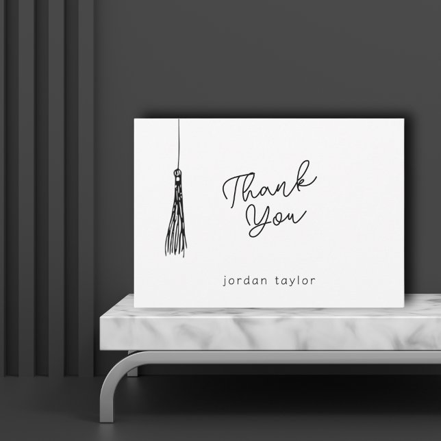 Minimal Modern Graduation Party Tassel Black White Thank You Card (Creator Uploaded)