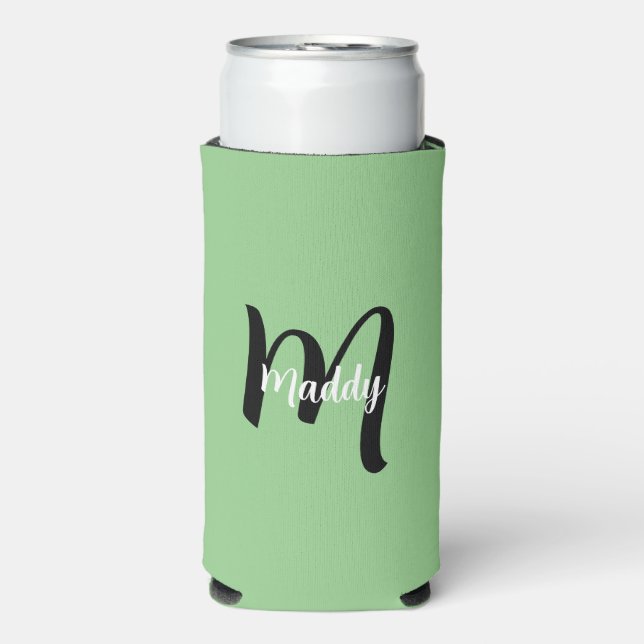 Minimal Modern Green Monogram Name + Initial Seltzer Can Cooler (Seltzer Front)