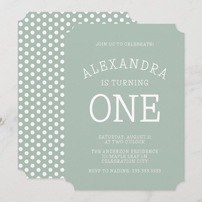 Minimal Modern Green Polka Dot First Birthday  Invitation (Front/Back)