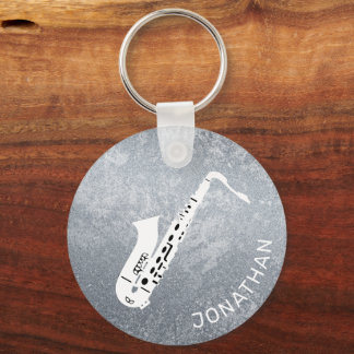 Minimal Modern Grey Saxophone Saxo Personalised Key Ring