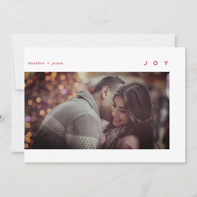 Minimal Modern Joy White Red Photo Holiday Card (Front)