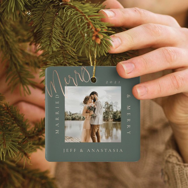 Minimal Modern Married & Merry Gold Script 2 Photo Ceramic Ornament (Minimal Modern Married & Merry Gold Script 2 Photo Ceramic Ornament)