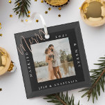 Minimal Modern Married & Merry Gold Script Photo Glass Tree Decoration<br><div class="desc">Minimal and modern simple photo keepsake photo glass ornament to commemorate your first Christmas married. The design features a simple minimal design with a square photo design to display your special wedding photo. "Married & Merry",  year and couple's name displayed in a simple modern design around the photo.</div>