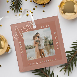 Minimal Modern Married & Merry Gold Script Photo Glass Tree Decoration