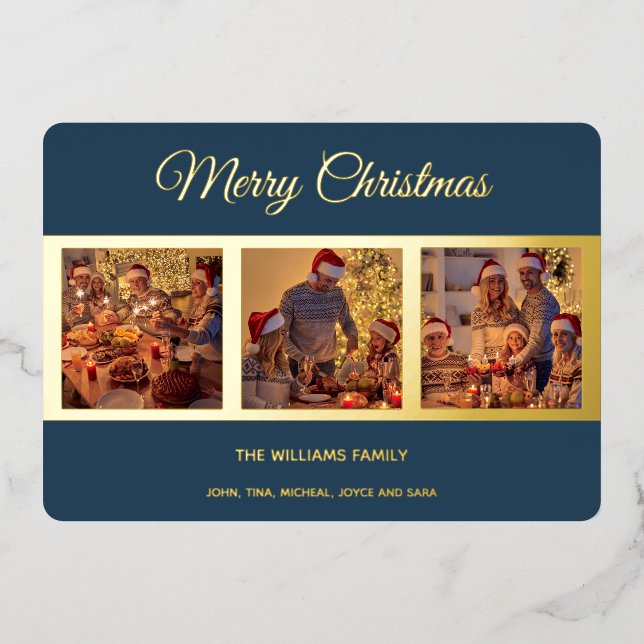 Minimal Modern Merry Christmas Family Photo Foil Holiday Card (Front)