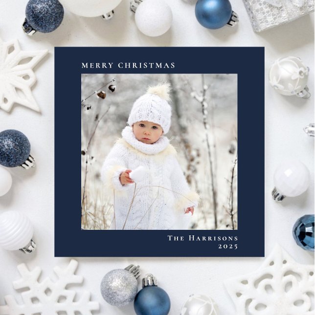 Minimal Modern Merry Christmas Photo Blue Holiday Card (Share the love and warmth of the season with your personalized photo Christmas card)