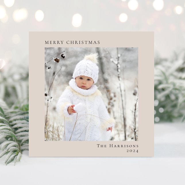 Minimal Modern Merry Christmas Photo Taupe Holiday Card (Share the love and warmth of the season with your personalized photo Christmas card)