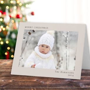 Minimal Modern Merry Christmas Taupe Photo Holiday Card