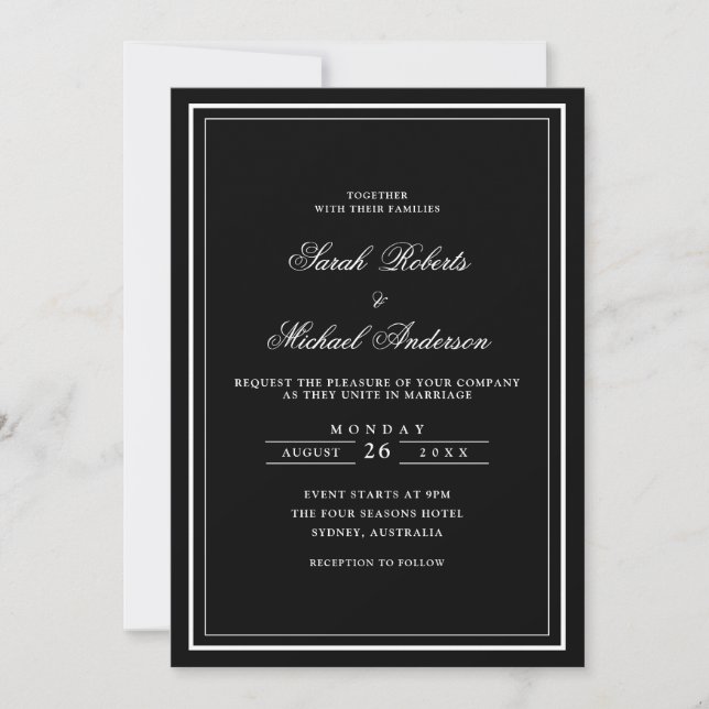 Minimal Modern Monochrome Black Tie Frame Wedding Invitation (Front)