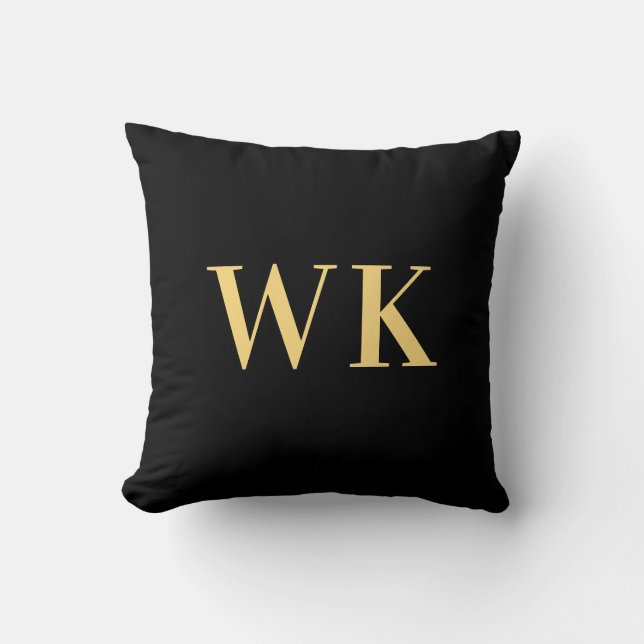 Minimal Modern Monogram Black Gold Cushion (Front)