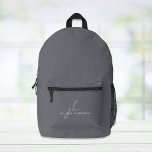 Minimal Modern Monogram Grey Printed Backpack<br><div class="desc">Minimal modern dark grey backpack. Personalise with your monogram initials and name in a mix of a chic dark grey script and simple white typography.</div>