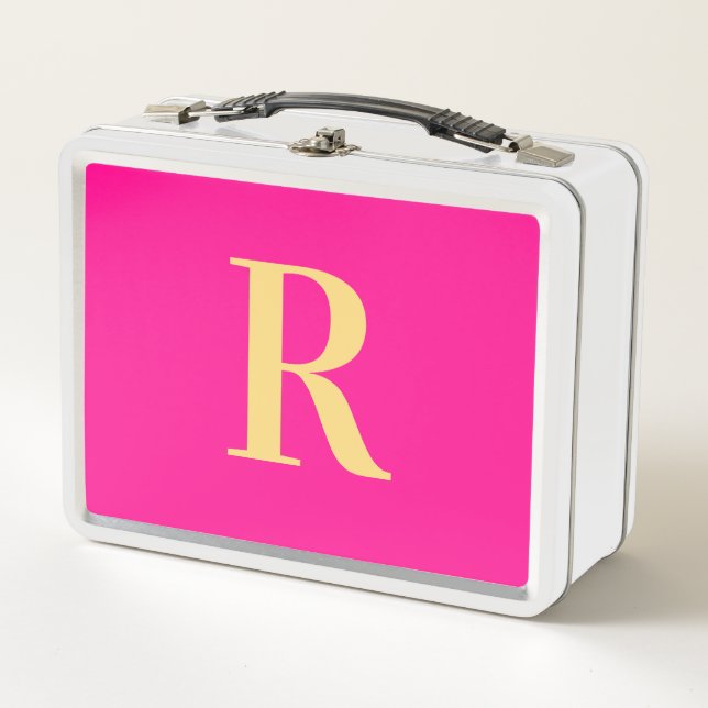 Minimal Modern Monogram Hot Pink Metal Lunch Box (Front)