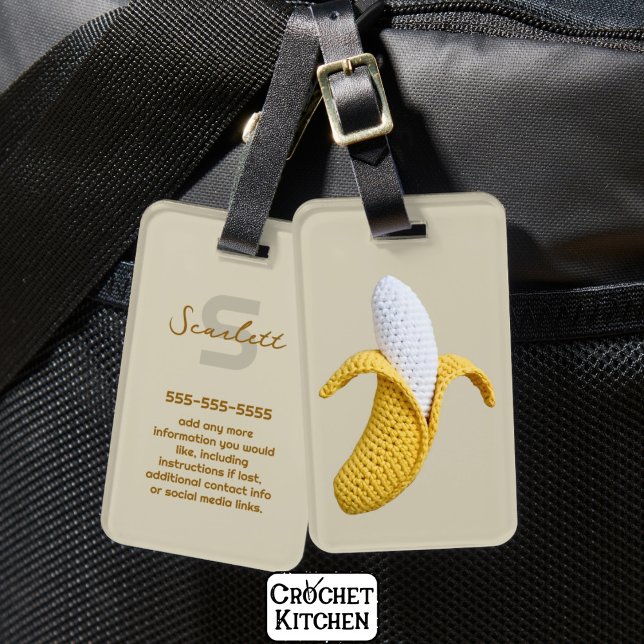 Minimal Modern Monogram Name Crochet Banana Luggage Tag (Creator Uploaded)