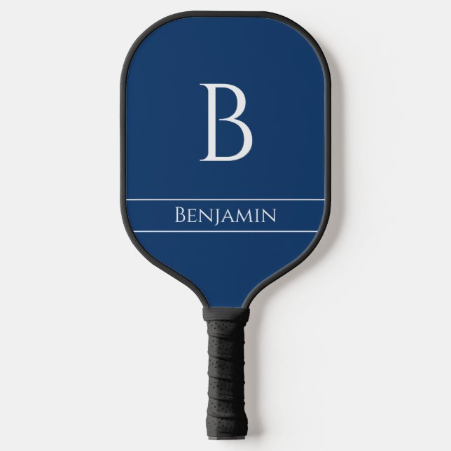 Minimal Modern Monogram & Name in Navy Blue, White Pickleball Paddle (Front)