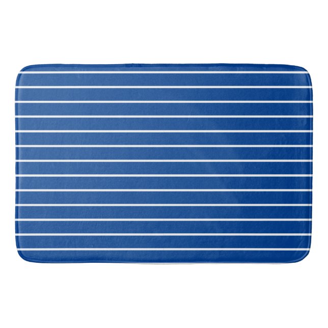 Minimal Modern Navy Blue and Thin White Stripes Bath Mat (Front)