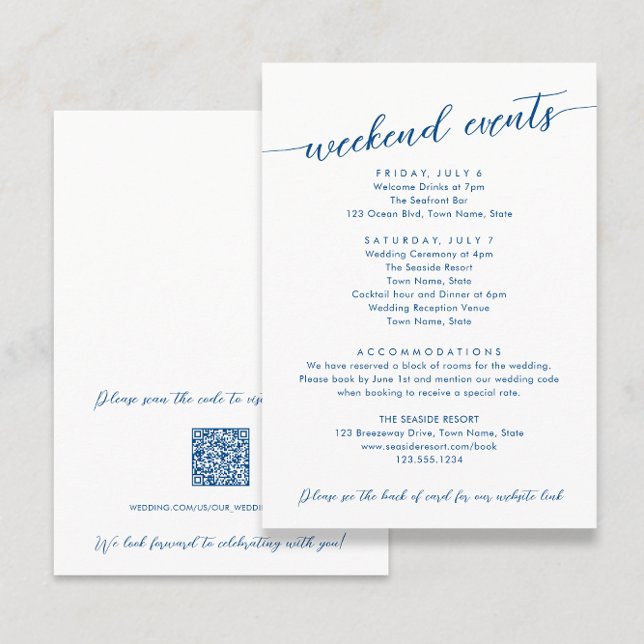 Minimal Modern Navy Blue Hotel and Weekend Events Enclosure Card (Minimal Modern Navy Blue Hotel and Weekend Events Enclosure Card with QR Code by Coastal Map Designs)