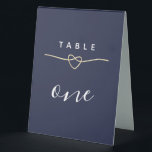 Minimal Modern Navy Blue Wedding Table Number<br><div class="desc">Elegant,  minimalist,  modern navy blue wedding table number,  with gold rope heart and simple handwritten calligraphy script.</div>