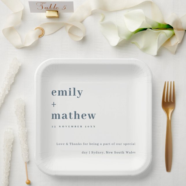 Minimal Modern Navy Grey Blue Typography Wedding Paper Plate (Wedding)