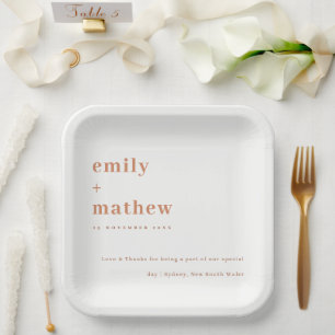 Minimal Modern Navy Rust Orange Typography Wedding Paper Plate