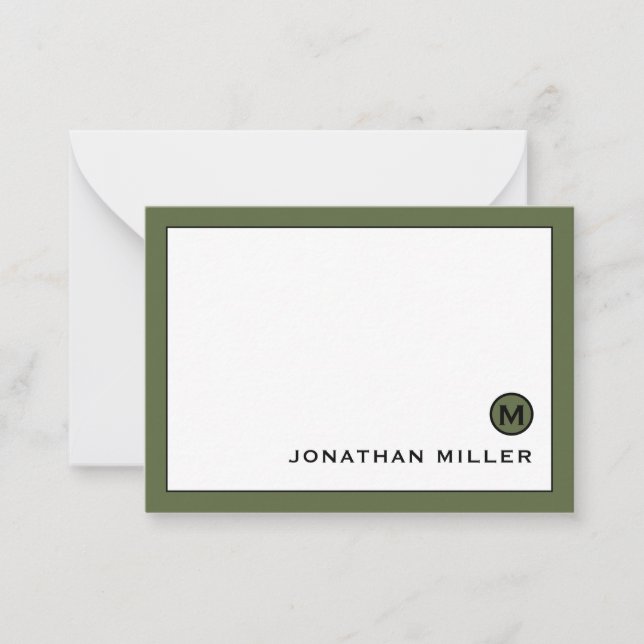 Minimal Modern Olive Green Monogram Card (Front)