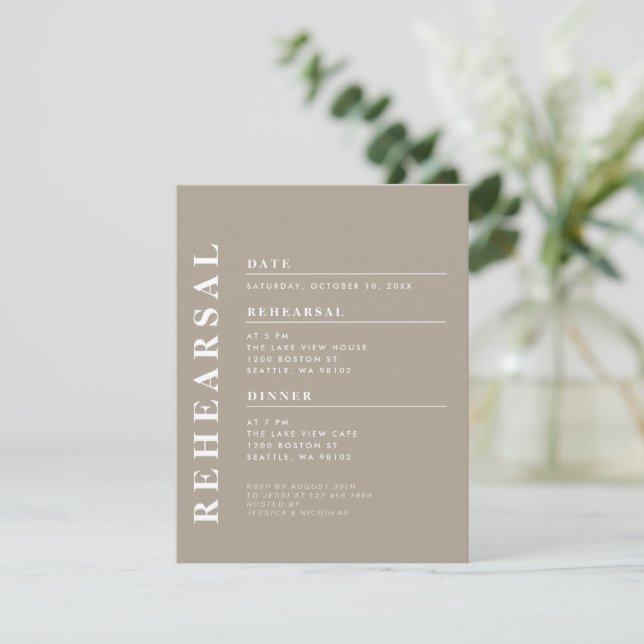 Minimal Modern Olive Grey Rehearsal Dinner Elegant Invitation (Standing Front)