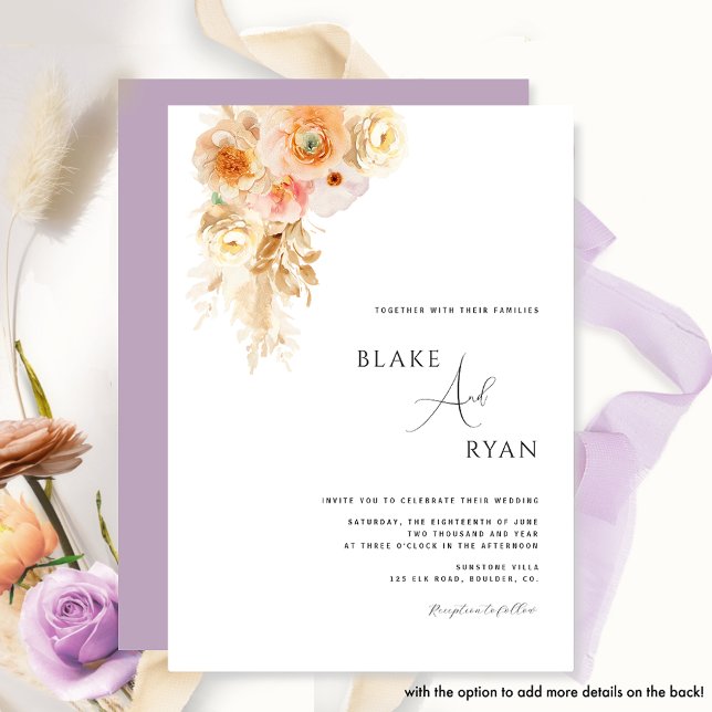 Minimal Modern Peach, Cream, Purple Floral Wedding Invitation (Creator Uploaded)