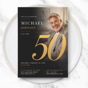 Minimal Modern Photo Black and Gold 50th Birthday Invitation